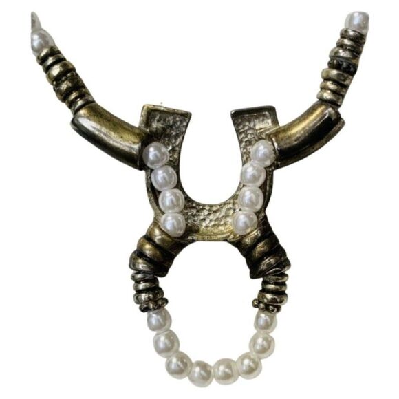 Vintage White Faux Pearl Horse Shoe Brass Long Naja Southwestern Bead Necklace - Picture 4 of 10